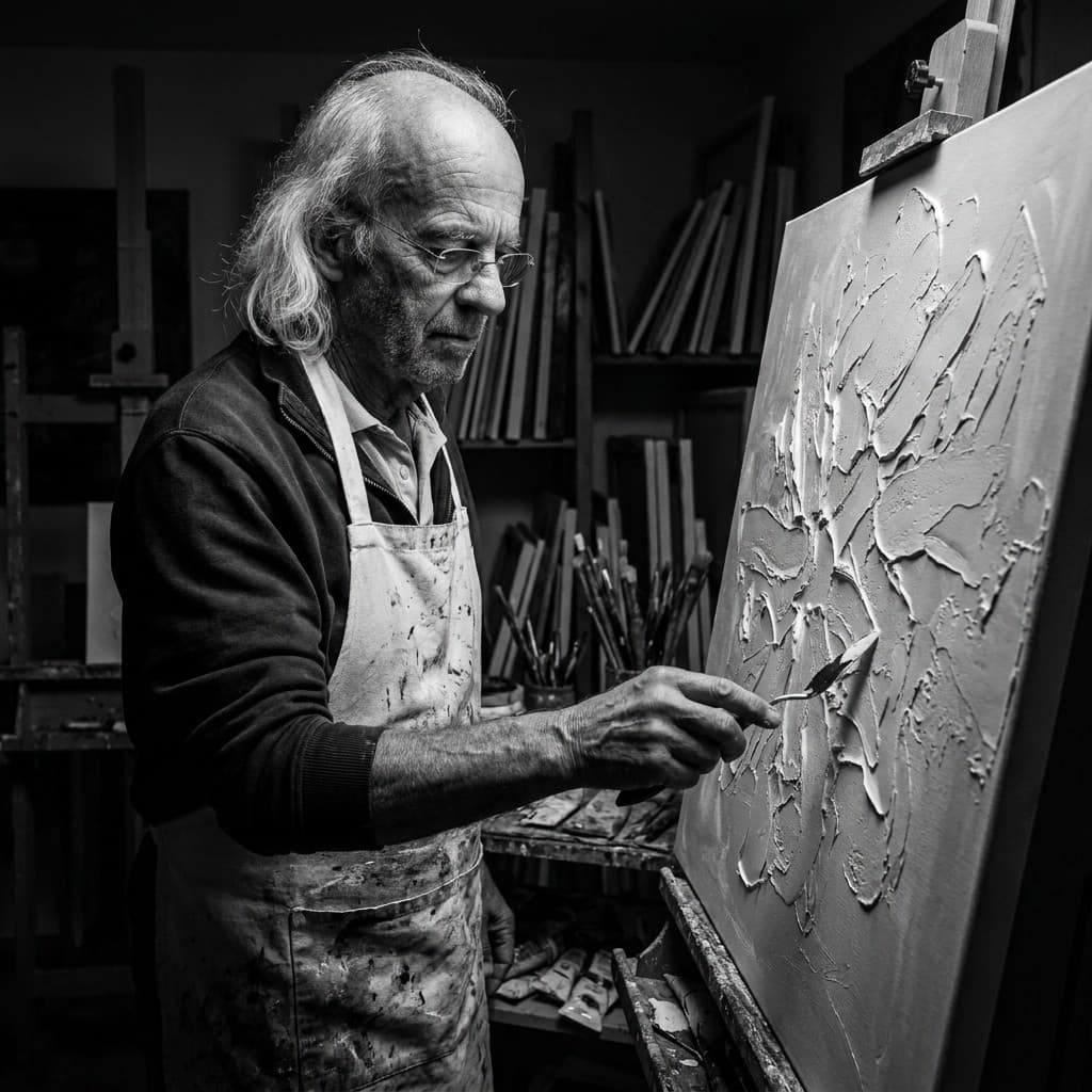 Giuseppe working on a textured canvas in his studio